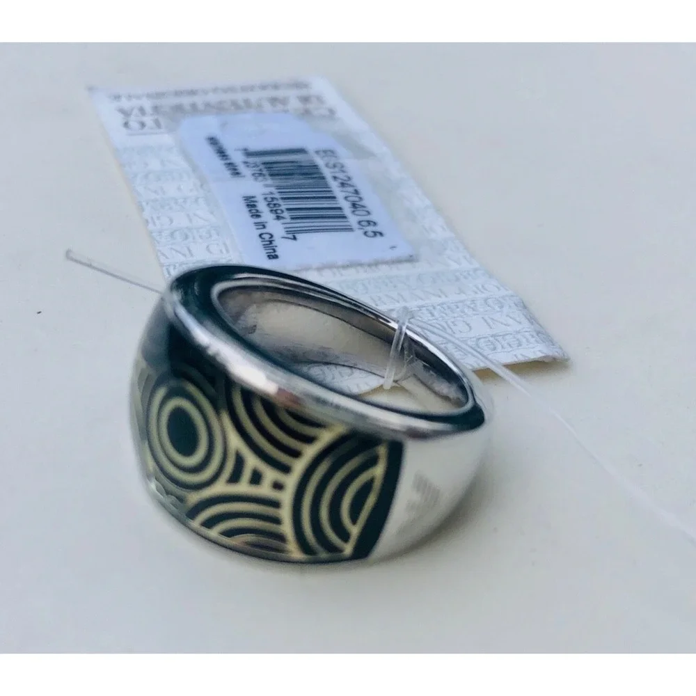 EMPORIO ARMANI LADIES POLISHED STAINLESS STEEL +‎ ONYX CIRCLE PATTERN RING, 6.5